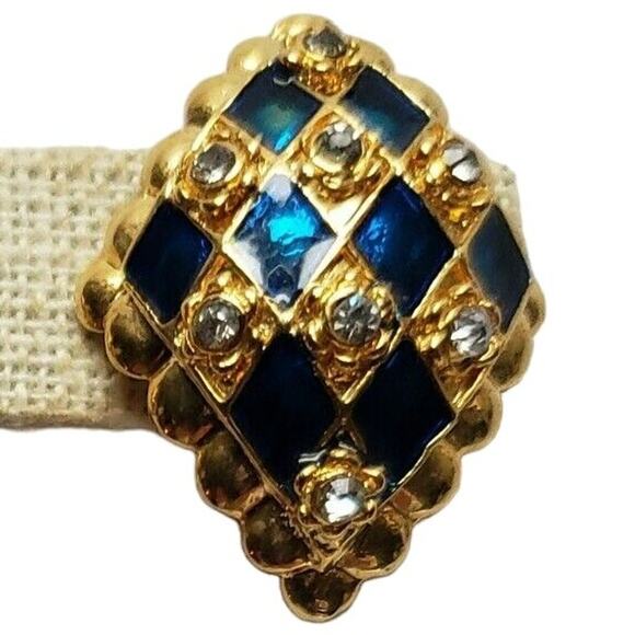 Blue Harlequin Clip On Earrings Rhinestone Enamel Gold Tone Diamond Shape 1980s - Picture 5 of 6
